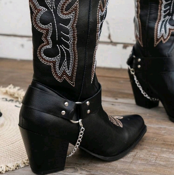 NEW WOMENS EMBROIDERED WESTERN STYLE MID-CALF BUCKLE CHAIN DECOR COWBOY BOOTS 👢 - Picture 5 of 5